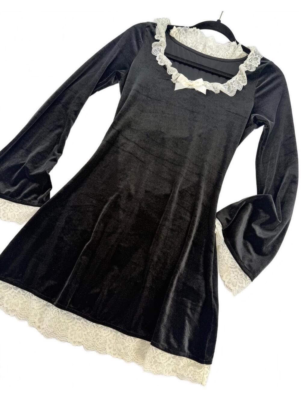 Black Velvet Lace Coquette Dress S Gothic Balletcore Bow Mini Romantic